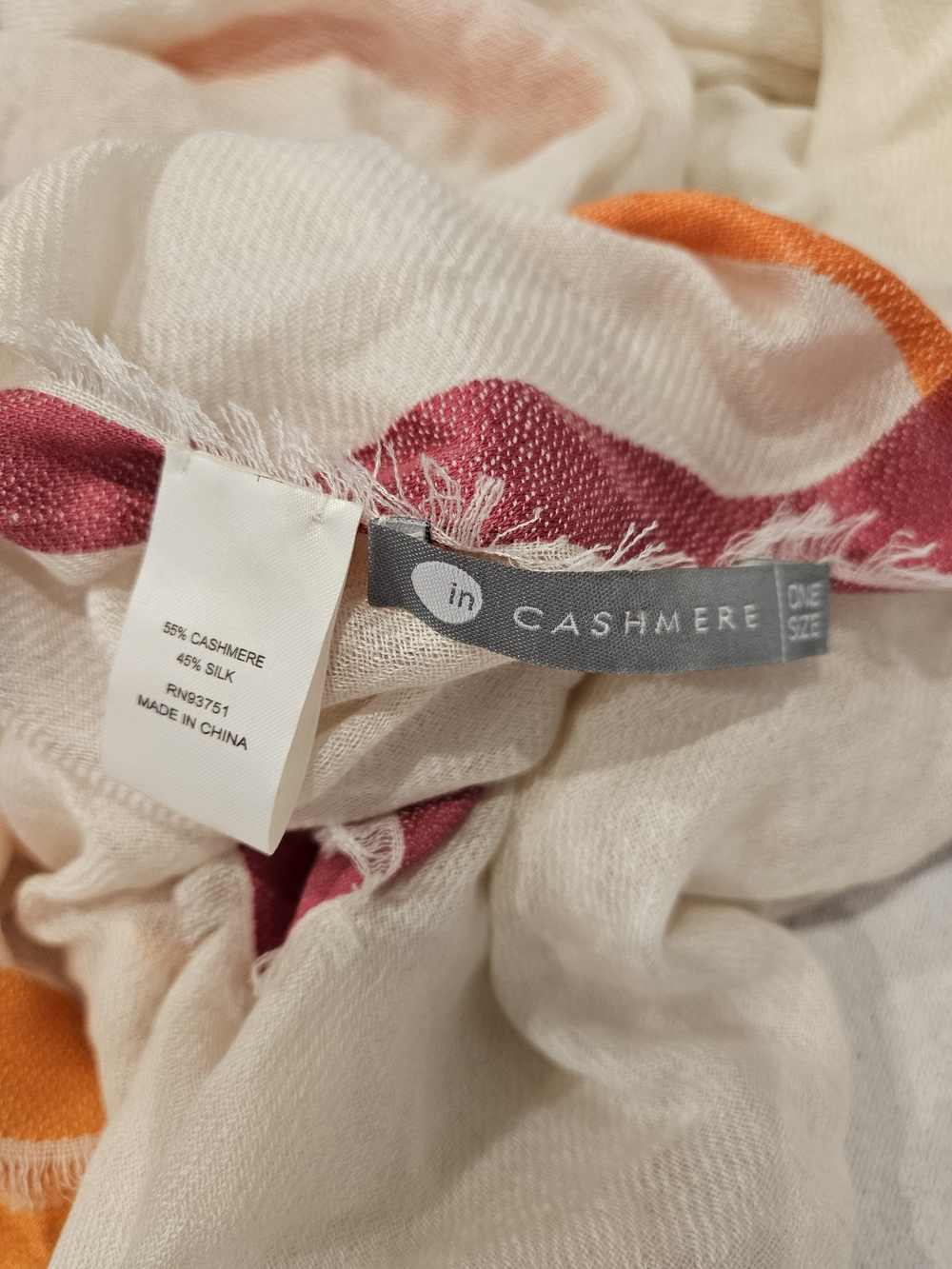 InCashmere Cashmere Silk Blend Cream Scarf with Pink, Purple And Orange Accents